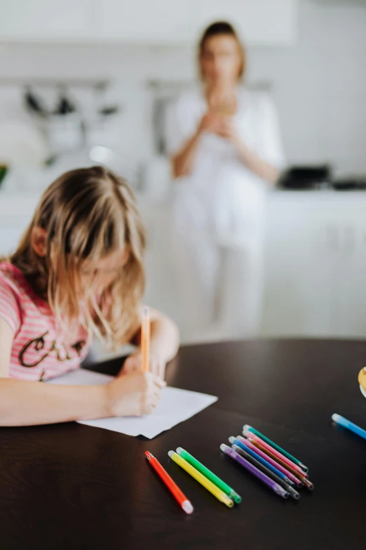 a little girl sitting at a table with colored pencils, a child's drawing, pexels contest winner, in a kitchen, panoramic view of girl, gif, annoyed