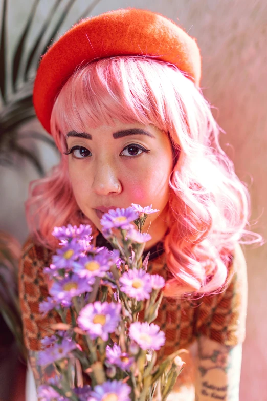 a woman with pink hair holding a bunch of flowers, inspired by Yuko Tatsushima, trending on pexels, vintage inspired, ruan cute vtuber, portrait mode photo, melanie martinez