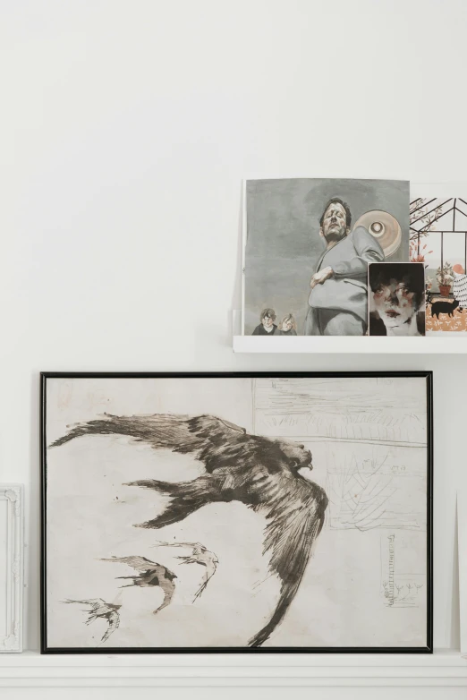 a painting sitting on top of a white shelf, by Caro Niederer, trending on pexels, joel peter witkin, detailed crow illustration, demna gvasalia, detail shot