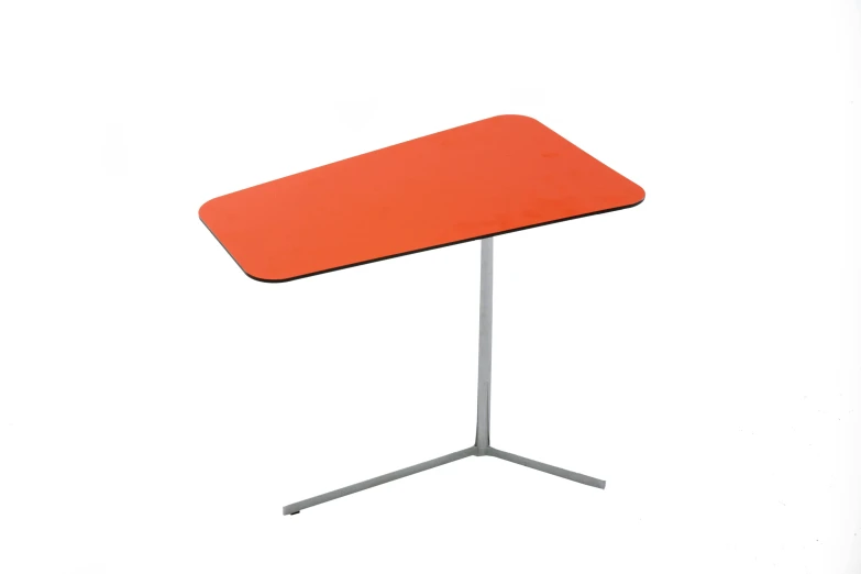 a red table sitting on top of a metal stand, a computer rendering, by Paul Bird, dribble, minimalism, orange color, ham, assymetrical, uav