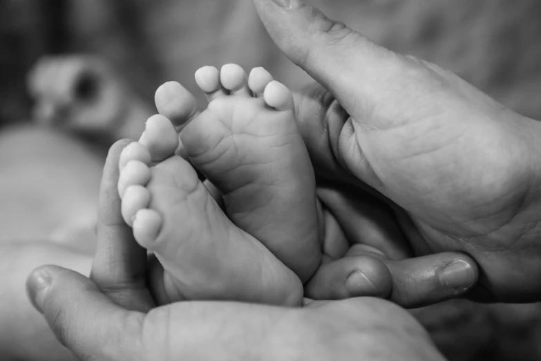 a close up of a person holding a baby's foot, a black and white photo, healthcare, different sizes, happy toes, uploaded