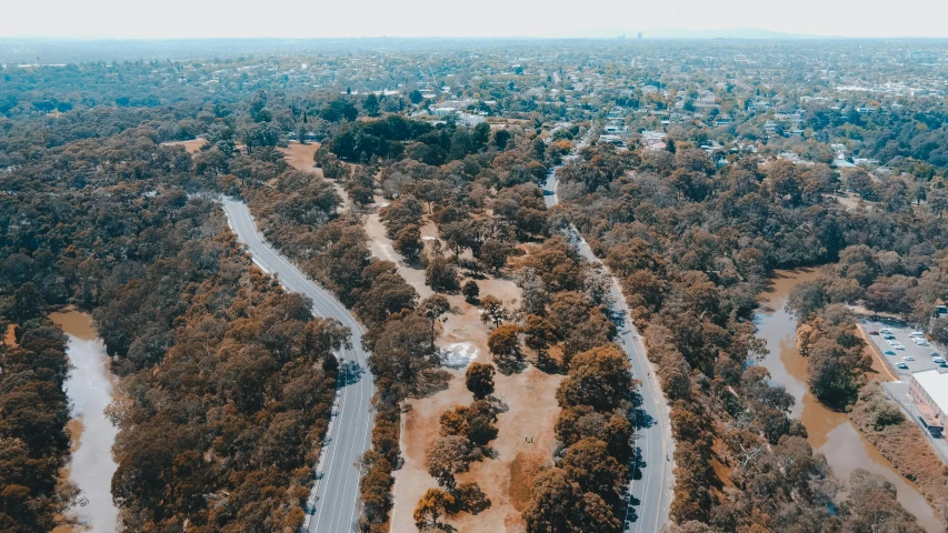 an aerial view of a road surrounded by trees, melbourne, background image, parks and monuments, cupertino