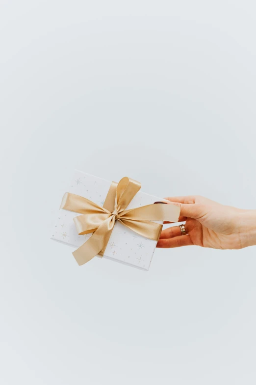 a person holding a gift wrapped in brown ribbon, by Gavin Hamilton, pexels contest winner, minimalism, white with gold accents, glossy white, made of silk paper, sleek design