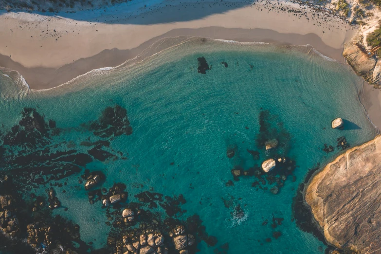 a large body of water next to a sandy beach, unsplash contest winner, helicopter view, sparkling cove, lachlan bailey, carson ellis