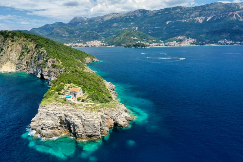 a small island in the middle of the ocean, by Simon Marmion, pexels contest winner, renaissance, croatian coastline, slim aarons, on a cliff, lush surroundings