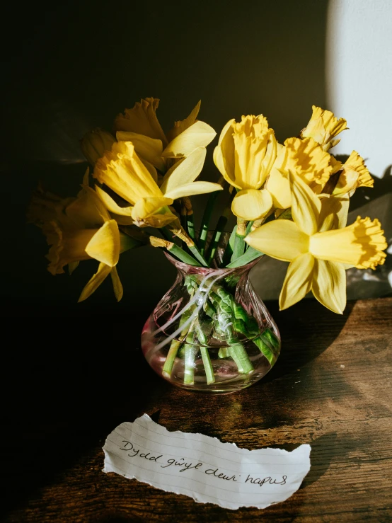 a vase filled with yellow flowers on top of a wooden table, inspired by Edwin Dickinson, pexels contest winner, with some hand written letters, daffodils, dapped light, light through glass