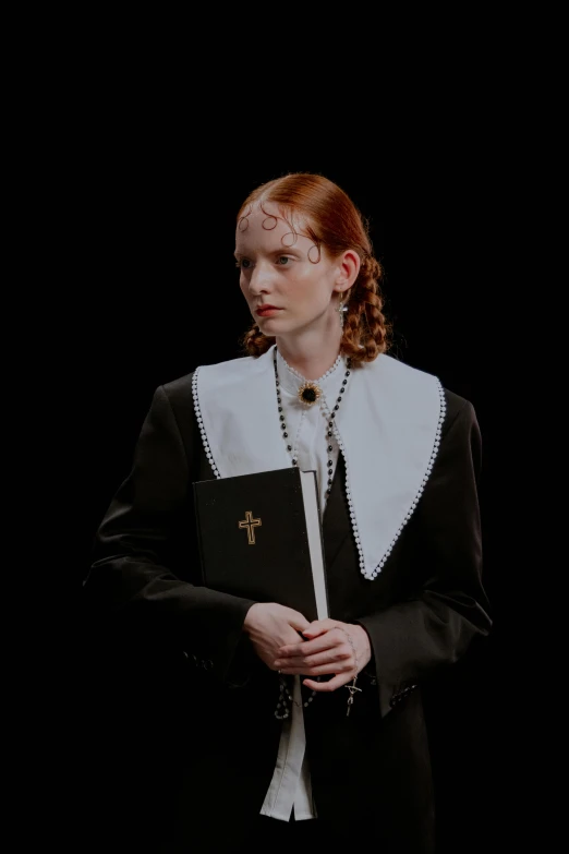 a woman standing in front of a black background, an album cover, inspired by Diego Velázquez, unsplash, renaissance, wearing robes and neckties, sadie sink, scene from church, wednesday addams