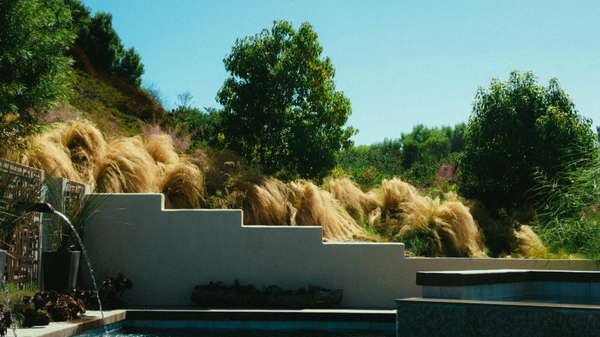 a pool filled with lots of water next to a hillside, inspired by Ricardo Bofill, unsplash, dry grass, topiary, steps, grainy quality