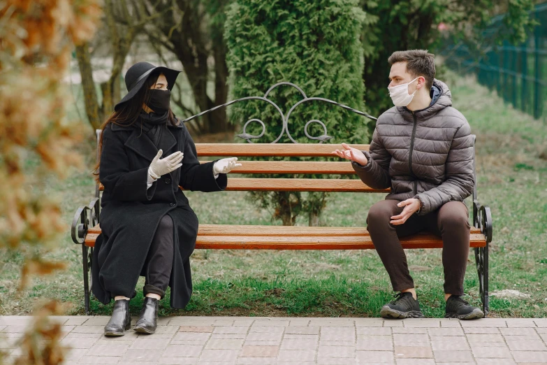 a man and a woman sitting on a park bench, white man with black fabric mask, dark people discussing, maxim shirkov, healthcare