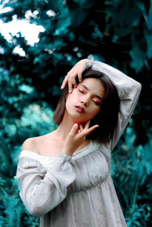 a woman in a white dress posing for a picture, a picture, inspired by Elsa Bleda, unsplash, aestheticism, asian face, 2263539546], jingna zhang, asleep