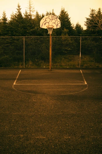 a basketball court with a net in the middle of it, an album cover, unsplash, paul barson, playground, let's play, evenly lit