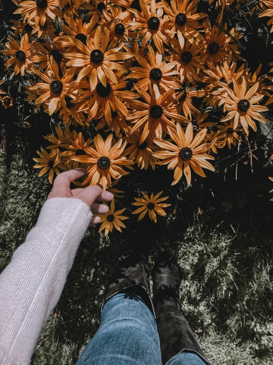 a person standing in front of a bunch of flowers, inspired by Elsa Bleda, trending on unsplash, 🍂 cute, hands straight down, orange and black tones, grunge aesthetic!!! (