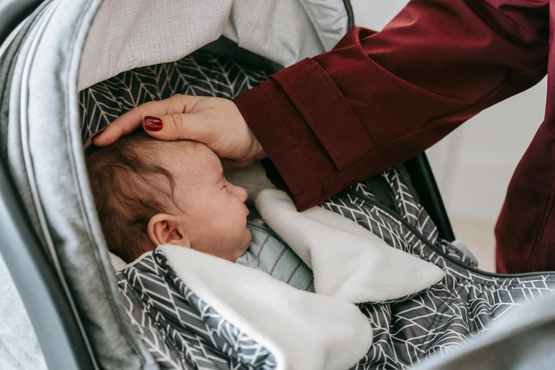 a woman holding a baby in a stroller, by Emma Andijewska, trending on pexels, wearing a grey robe, passed out, crimson and grey color scheme, owen gent