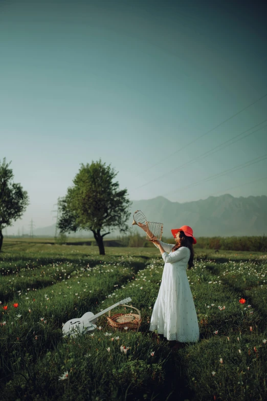 a woman in a white dress standing in a field, an album cover, pexels contest winner, iran, plays music, 15081959 21121991 01012000 4k, having a picnic