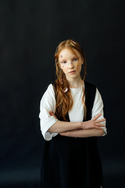 a young girl standing with her arms crossed, by irakli nadar, unsplash, renaissance, red haired teen boy, 15081959 21121991 01012000 4k, intense albino, hyperrealistic schoolgirl