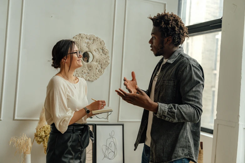 a man and a woman standing next to each other, pexels contest winner, arbeitsrat für kunst, calmly conversing 8k, promo image, black man, professional drawing