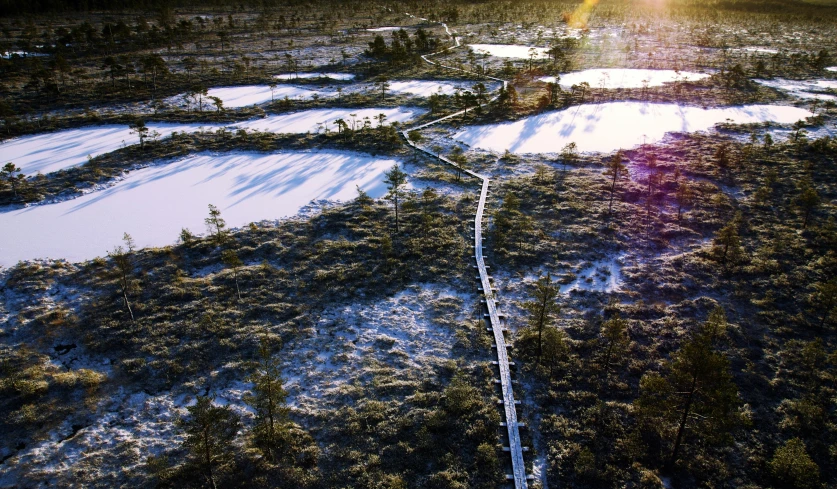 an aerial view of a snow covered field, inspired by Eero Järnefelt, pexels contest winner, in a swamp, boardwalk, hiking trail, promo image
