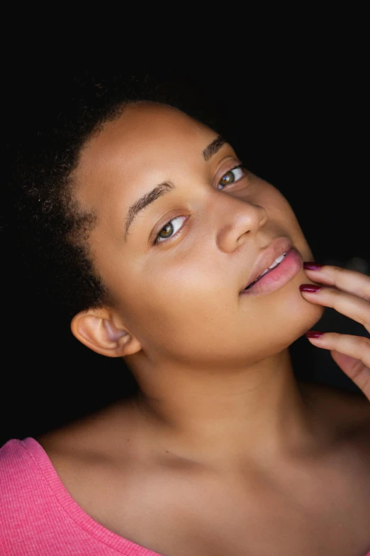 a woman holding a cell phone to her ear, an album cover, by Lily Delissa Joseph, pexels contest winner, happening, natural skin tone 4k textures, hand on her chin, light skin, high angle closeup portrait