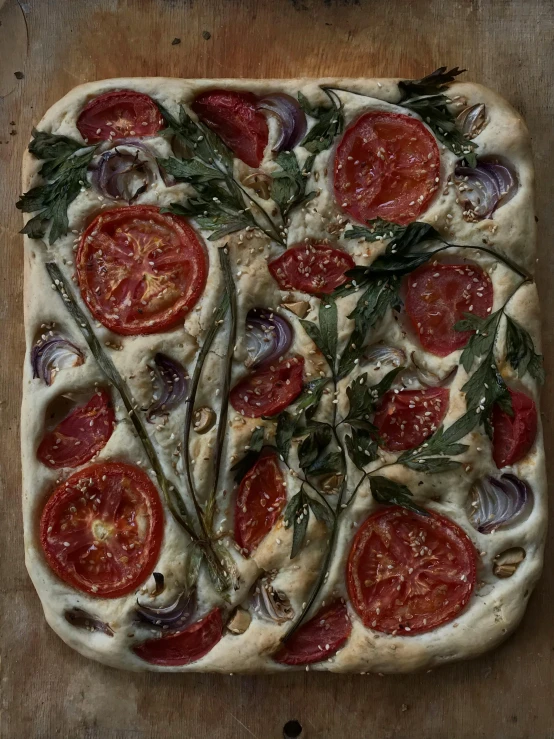 a pizza sitting on top of a wooden cutting board, a portrait, inspired by Caesar van Everdingen, reddit, grey vegetables, thumbnail, full frame image