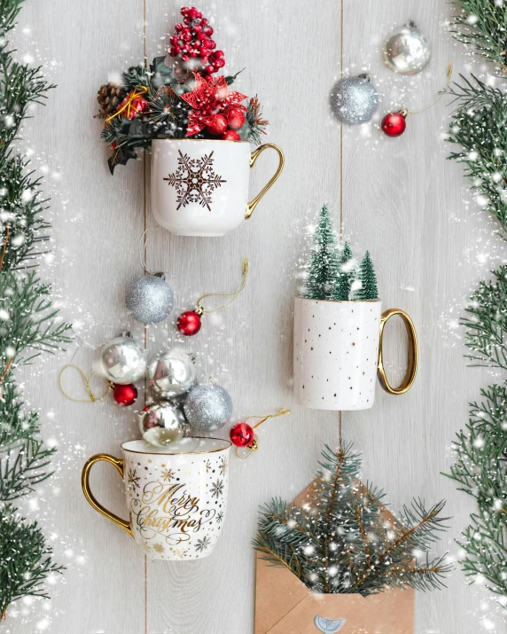 a bunch of christmas decorations hanging on a wall, by Elaine Hamilton, white mug, viral image