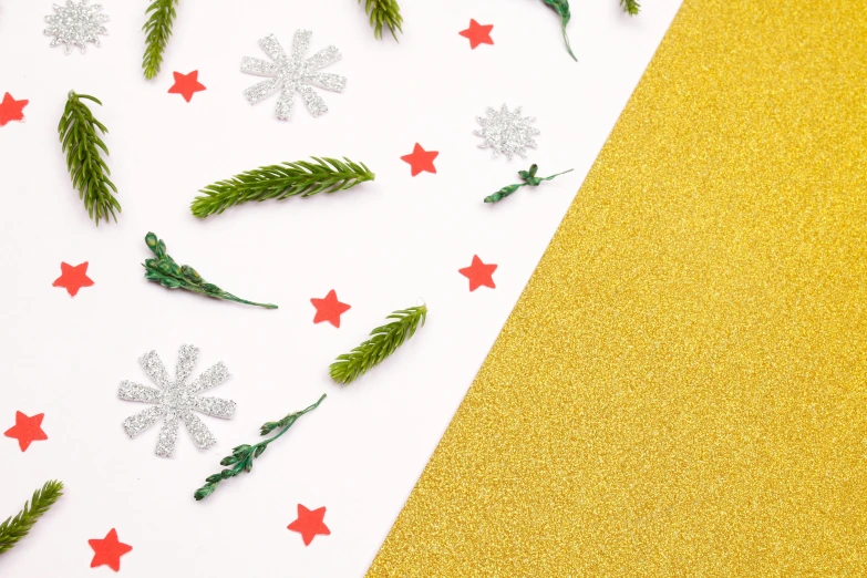 christmas decorations on a white and gold background, trending on pexels, visual art, background image, trees and stars background, on yellow paper, on white paper