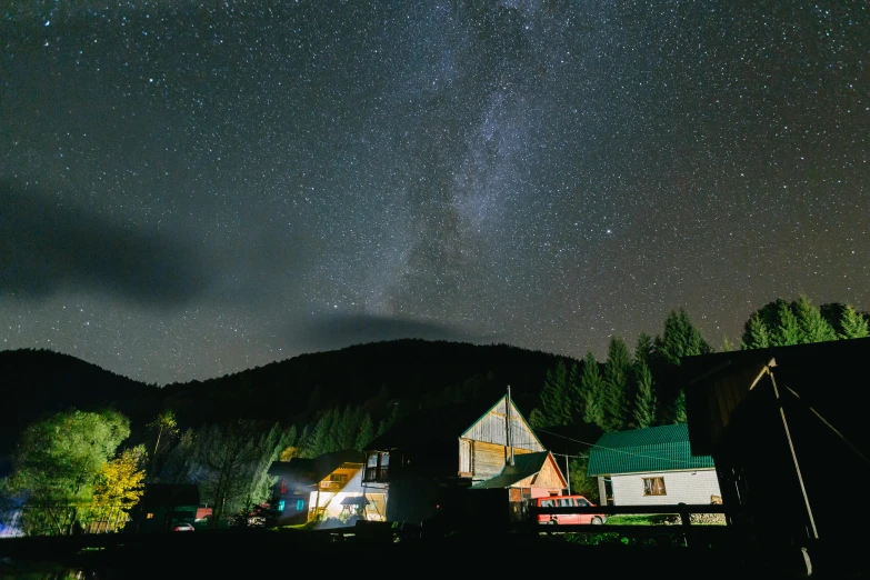 a night sky filled with lots of stars, a picture, pexels contest winner, hurufiyya, cottages, carpathian mountains, summer camp, group photo