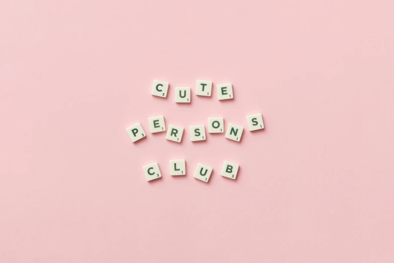 scrabbles spelling the word cute persons club on a pink background, trending on pexels, cubism, pastel goth aesthetic, rex orange county, clemens ascher, style as nendoroid