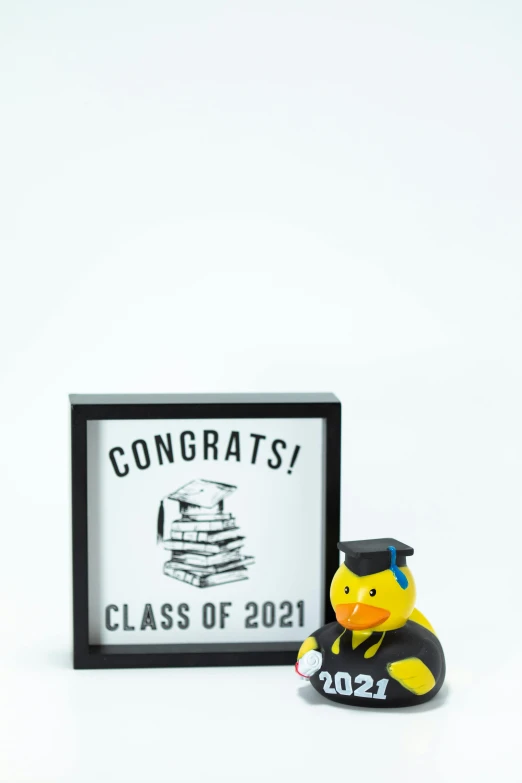 a rubber duck sitting next to a graduation sign, a picture, detailed product image, frontal shot, 2 0 2 1, mini figure