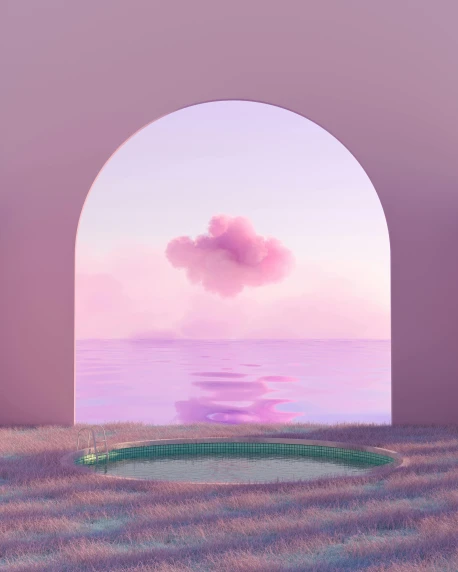 an empty pool in the middle of a field, a 3D render, inspired by Russell Dongjun Lu, unsplash contest winner, pink clouds, an archway, ilustration, looking out over the sea