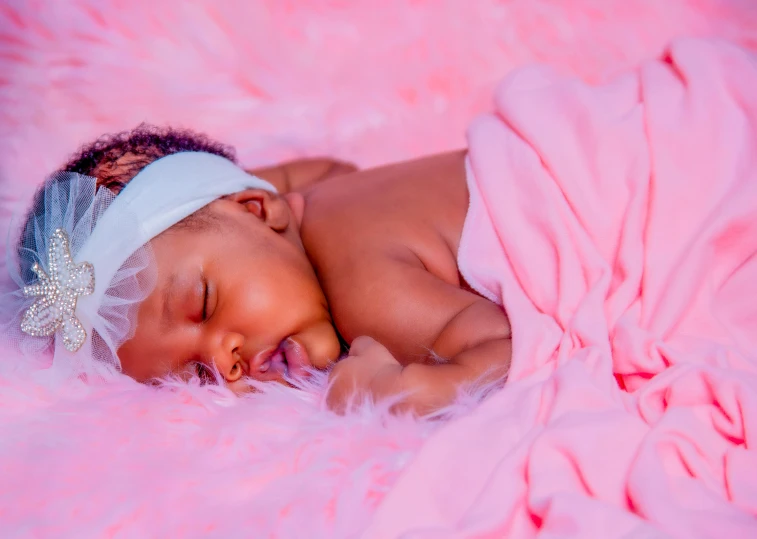 a close up of a baby sleeping on a pink blanket, pexels contest winner, symbolism, black young woman, made of cotton candy, nursing, beautiful girls