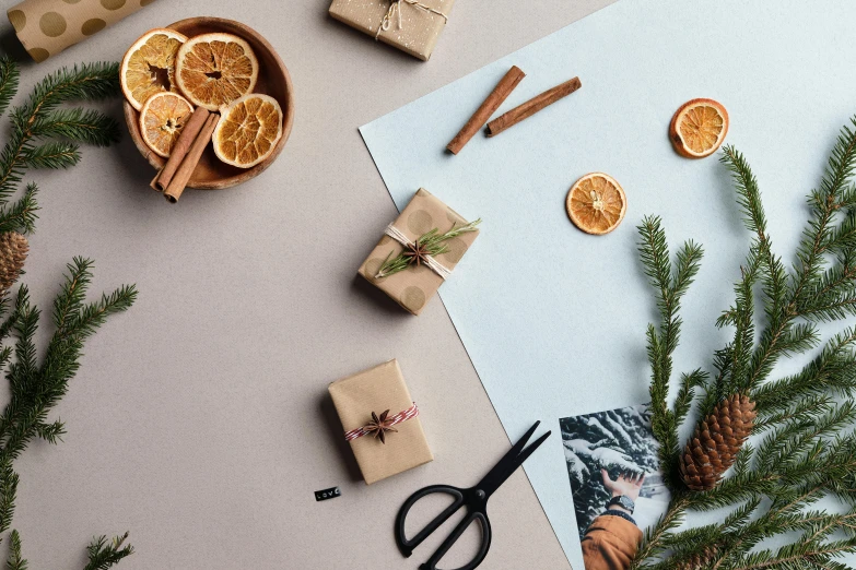 a pair of scissors sitting on top of a table, a still life, inspired by Ernest William Christmas, trending on pexels, paper decoration, light grey mist, brown paper, presents