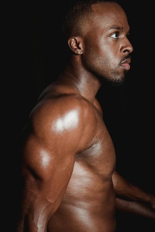 a shirtless man holding a tennis racquet, an album cover, inspired by Terrell James, pexels contest winner, photorealism, bare bodybuilder shoulders. kohl, 30 year old man :: athletic, ebony skin, for gq