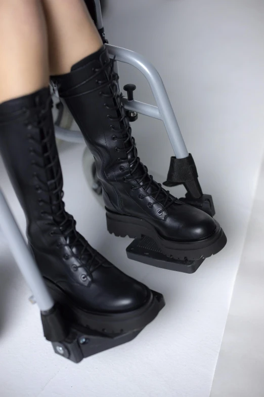 a woman in black boots sitting on a chair, by jeonseok lee, hyperrealism, y 2 k cybercore, hoog detail, singularity sculpted �ー etsy, army boots