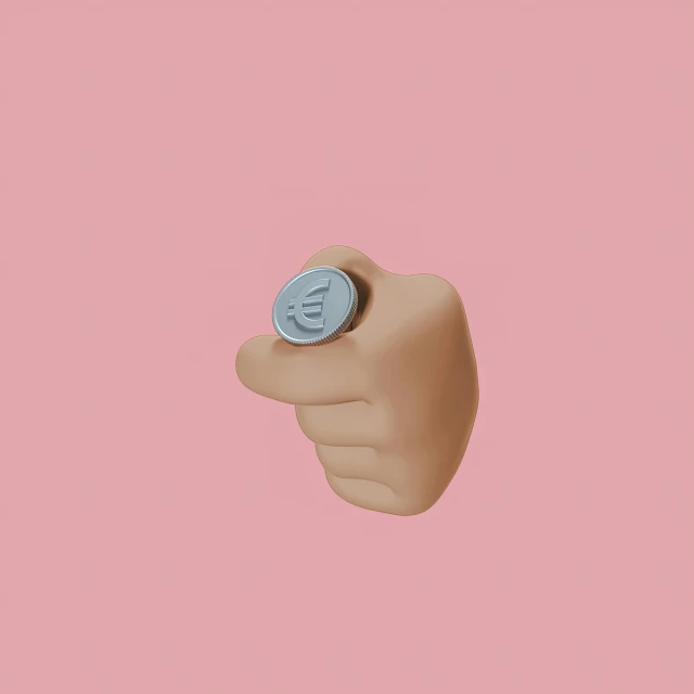 a hand holding a button on a pink background, by jeonseok lee, conceptual art, money sign pupils, drunken fist, alternate album cover, 3d minimalistic