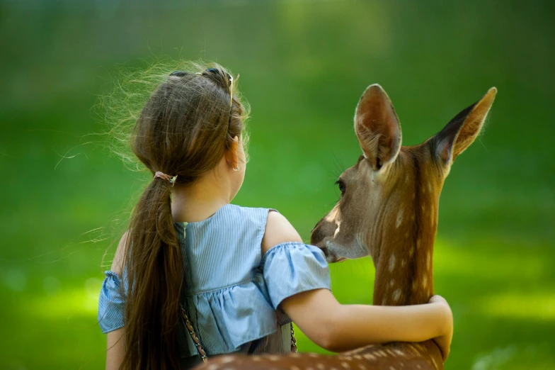 a little girl standing next to a deer, pexels contest winner, hugging each other, 15081959 21121991 01012000 4k, girl with plaits, slide show