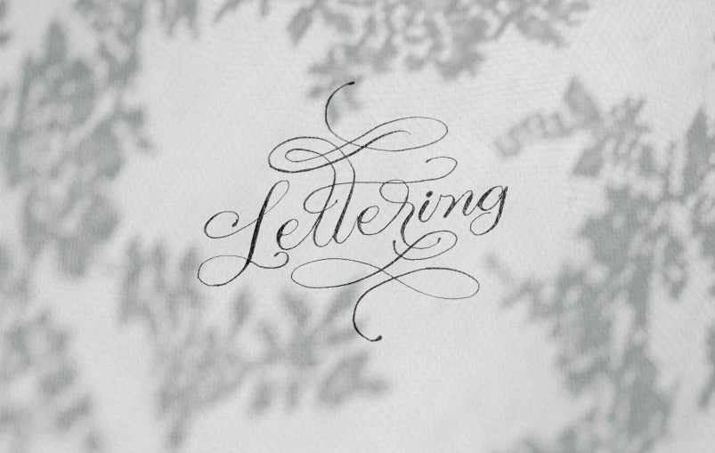 a close up of a sheet of paper with writing on it, an etching, trending on pixabay, letterism, fine filigree foliage lace, my little everything, logotype design, grey
