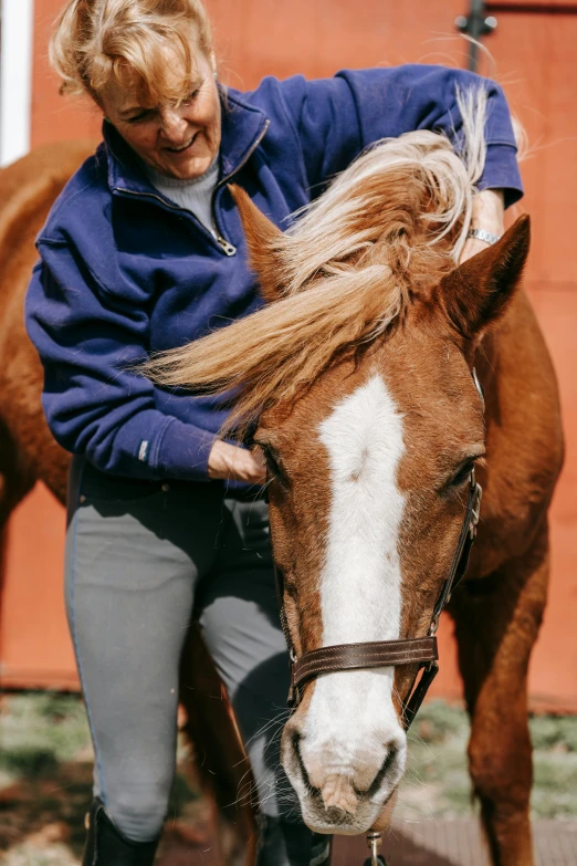 a woman standing next to a brown and white horse, by Gwen Barnard, trending on unsplash, neck zoomed in, sweat, smiling at camera, swirling around