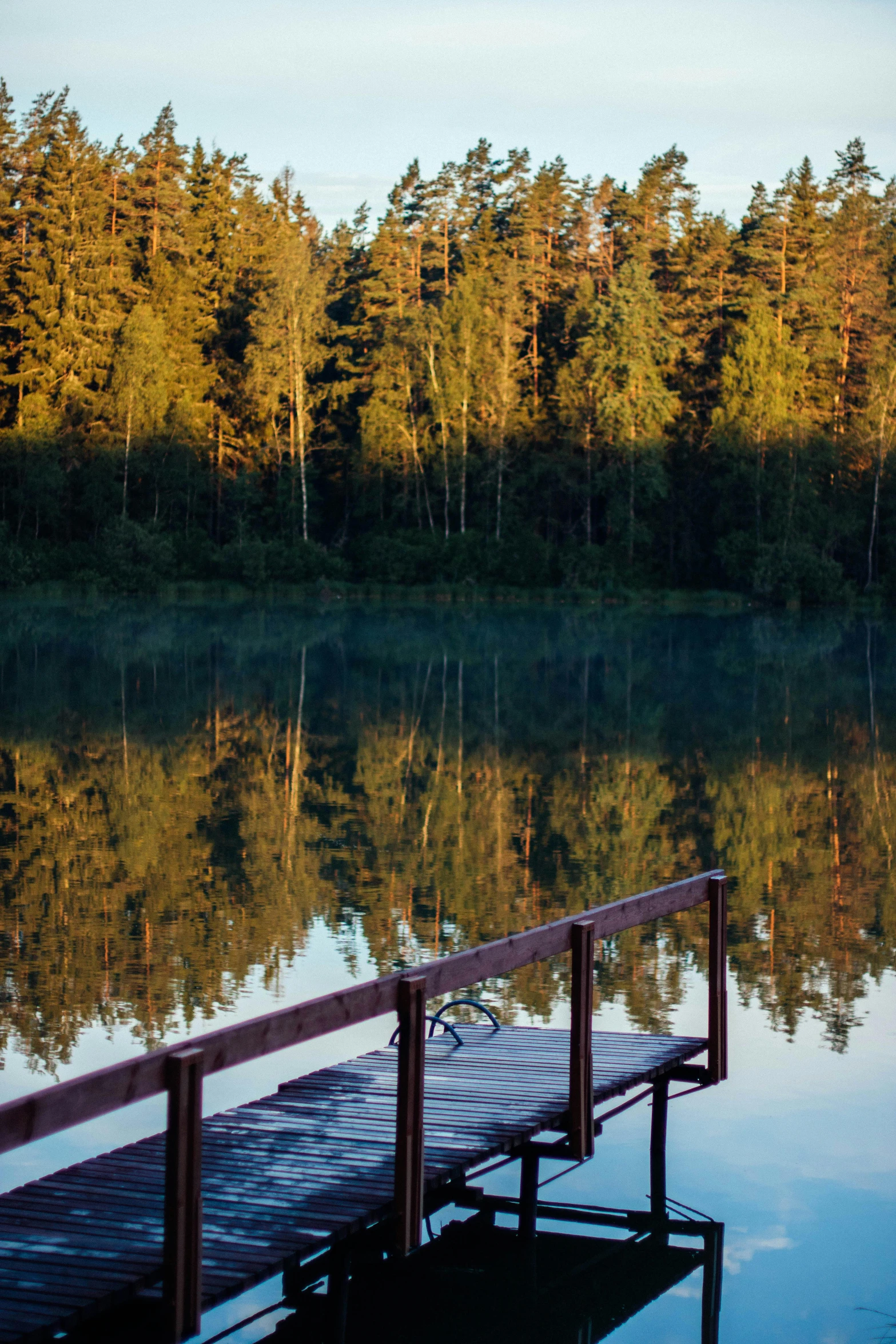 a dock sitting on top of a lake next to a forest, petri rahkola, in the evening, reflecting light, secluded