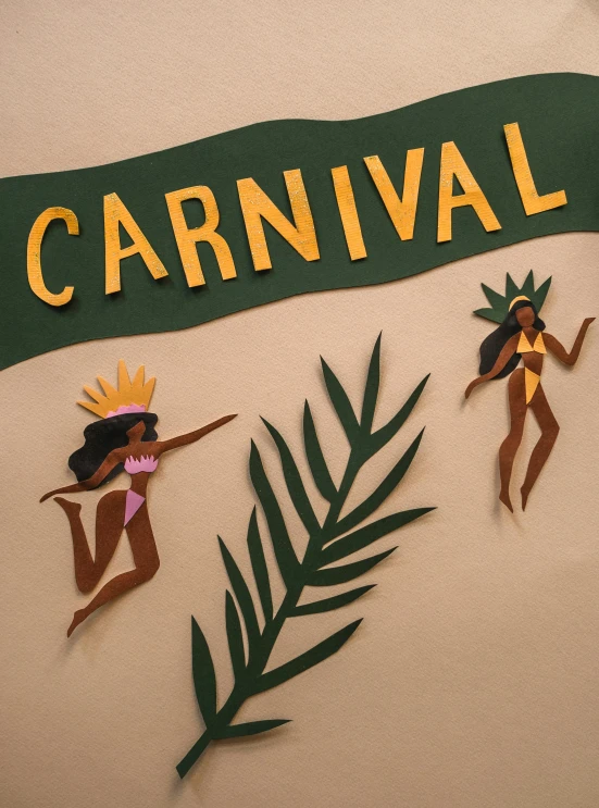 a close up of a sign on a wall, a cartoon, by Gwen Barnard, trending on unsplash, folk art, brazil carnival, paper cut out, party in jungles, 🪔 🎨;🌞🌄