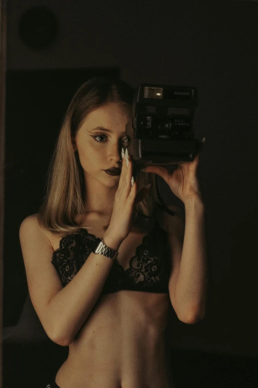 a woman taking a picture of herself in a mirror, a polaroid photo, inspired by Elsa Bleda, renaissance, sexy look, anton fadeev 8 k, artgram, night photo