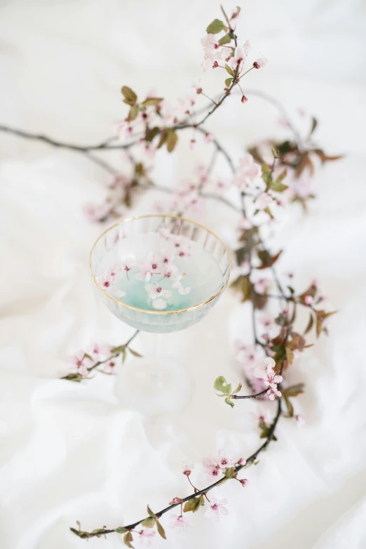 a glass filled with water sitting on top of a bed, by Ruth Simpson, trending on unsplash, rococo, blossom sakura, glistening seafoam, celebration, drinking cocktail