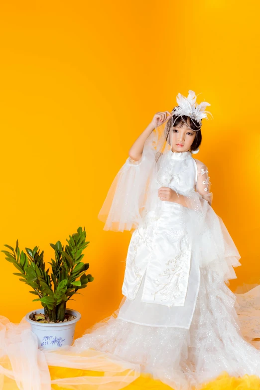 a little girl in a wedding dress standing next to a potted plant, inspired by Tang Di, rococo, classy yukata clothing, full dress of lava showcase, white puffy outfit, full product shot