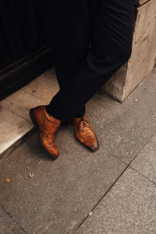 a man standing in front of a door wearing brown shoes, an album cover, pexels contest winner, in london, rich in texture ), ready for a meeting, profile image