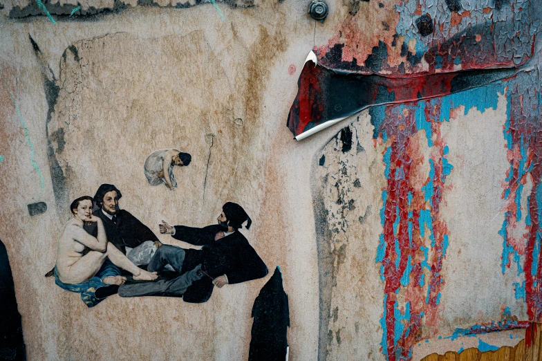 a painting on the side of a building, by Lucia Peka, pexels contest winner, street art, crumbled wall in jerusalem, steve mccurry and irakli nadar, vintage color, everyone having fun