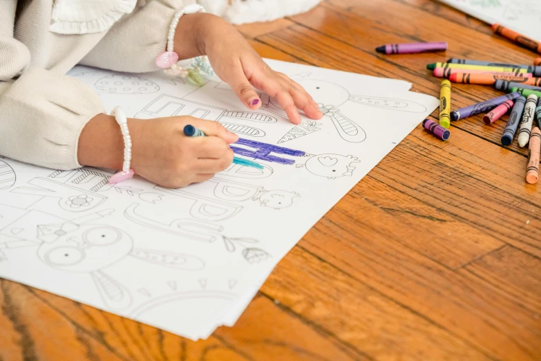 a little girl sitting at a table with crayons, a child's drawing, by Nicolette Macnamara, pexels contest winner, coloring book page, crawling towards the camera, rectangle, blue print