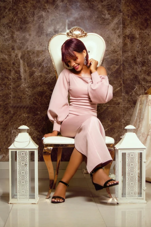 a woman in a pink dress sitting on a white chair, by Chinwe Chukwuogo-Roy, instagram, renaissance, elegant smiling pose, 15081959 21121991 01012000 4k, with full bangs, voluminous sleeves