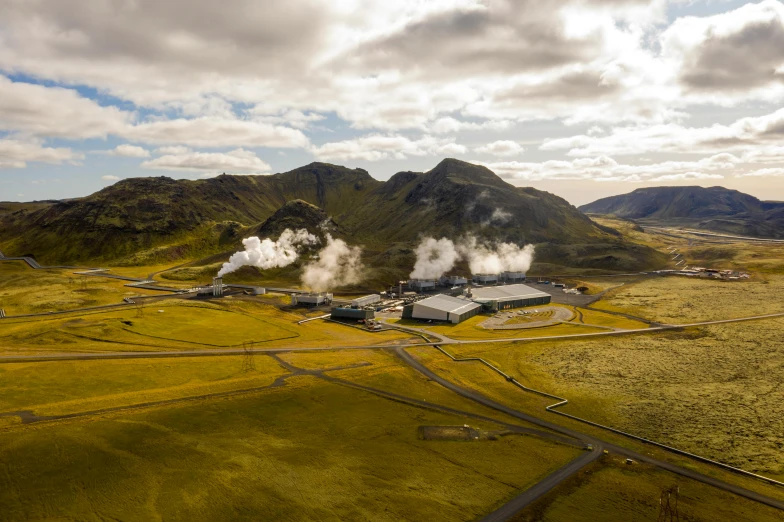 a geoglyized geoglyized geoglyized geoglyized geoglyized geoglyized geoglyized geoglyized geoglyized, by Hallsteinn Sigurðsson, pexels contest winner, power plants with smoke, mountain valley to factory, thumbnail, wide angle shot from above