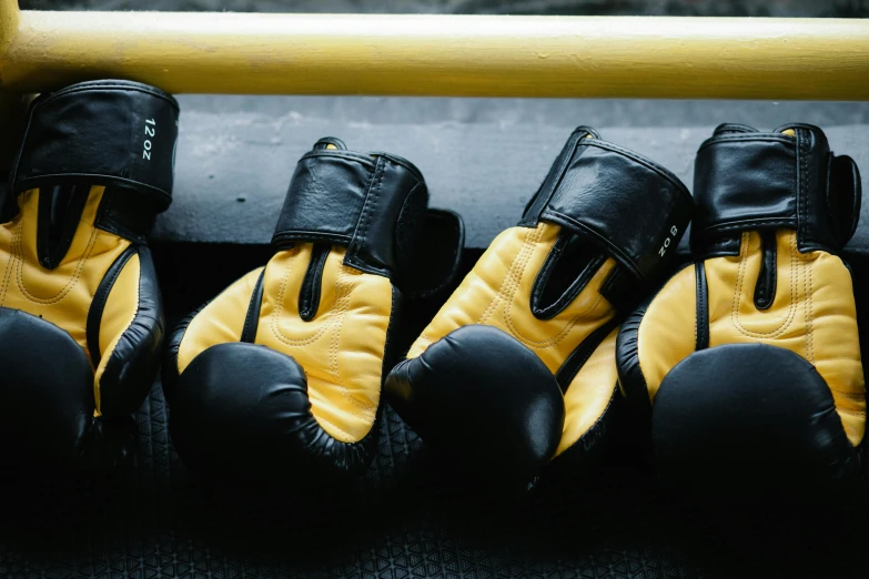 a row of boxing gloves hanging on a rail, by Nina Hamnett, pexels contest winner, yellow and black trim, manuka, dingy gym, thumbnail