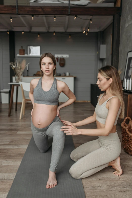 two pregnant women doing yoga together in the living room, by Matija Jama, pexels contest winner, full body 8k, thumbnail, ( ultra realistic, inspect in inventory image
