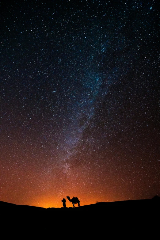 a man riding on the back of a camel under a night sky, by Daniel Seghers, unsplash contest winner, romanticism, bisti badlands, minimalist, sitting on the cosmic cloudscape, kiss